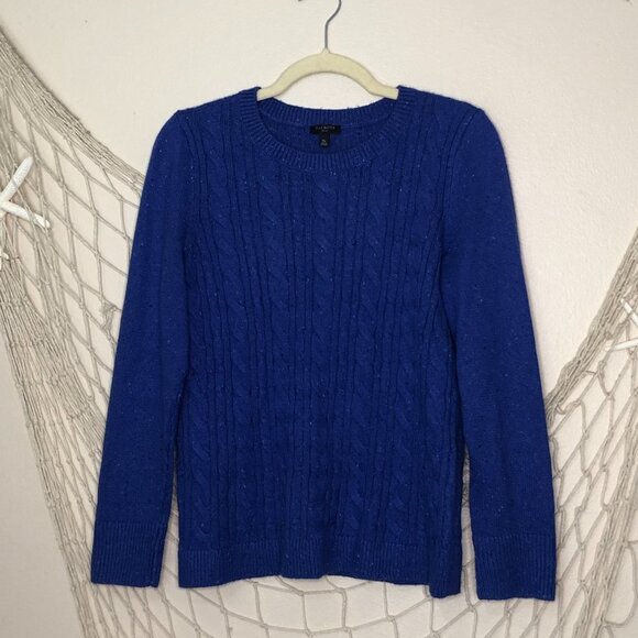 TALBOTS Women's Petite Blue Confetti-Flecked Cable Knit Crewneck Sweater MP - Picture 8 of 8